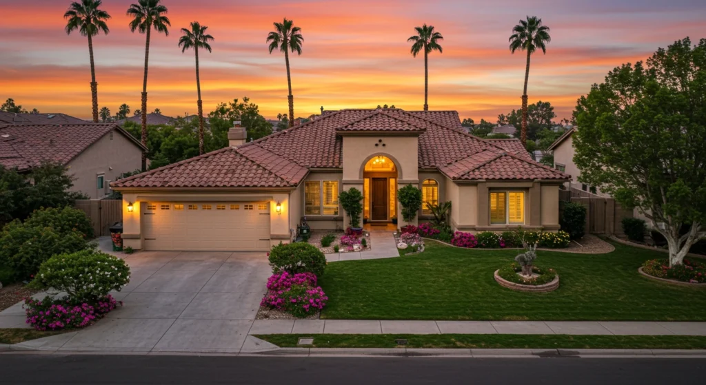 Typical Bakersfield house at sunset.